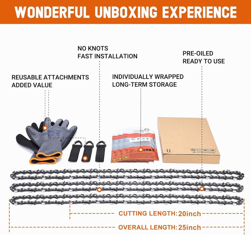 Savior 3Pack 20 Inch Chainsaw Chain 3/8" Pitch .050" Gauge 70 Drive Links Fits Poulan Pro PR5020 PP5020AV Echo CS-590 CS-600 Homelite McCulloch Replacement 72LPX70CQ, 577180501 D70 E70 Chain Saw Chain - Image 4